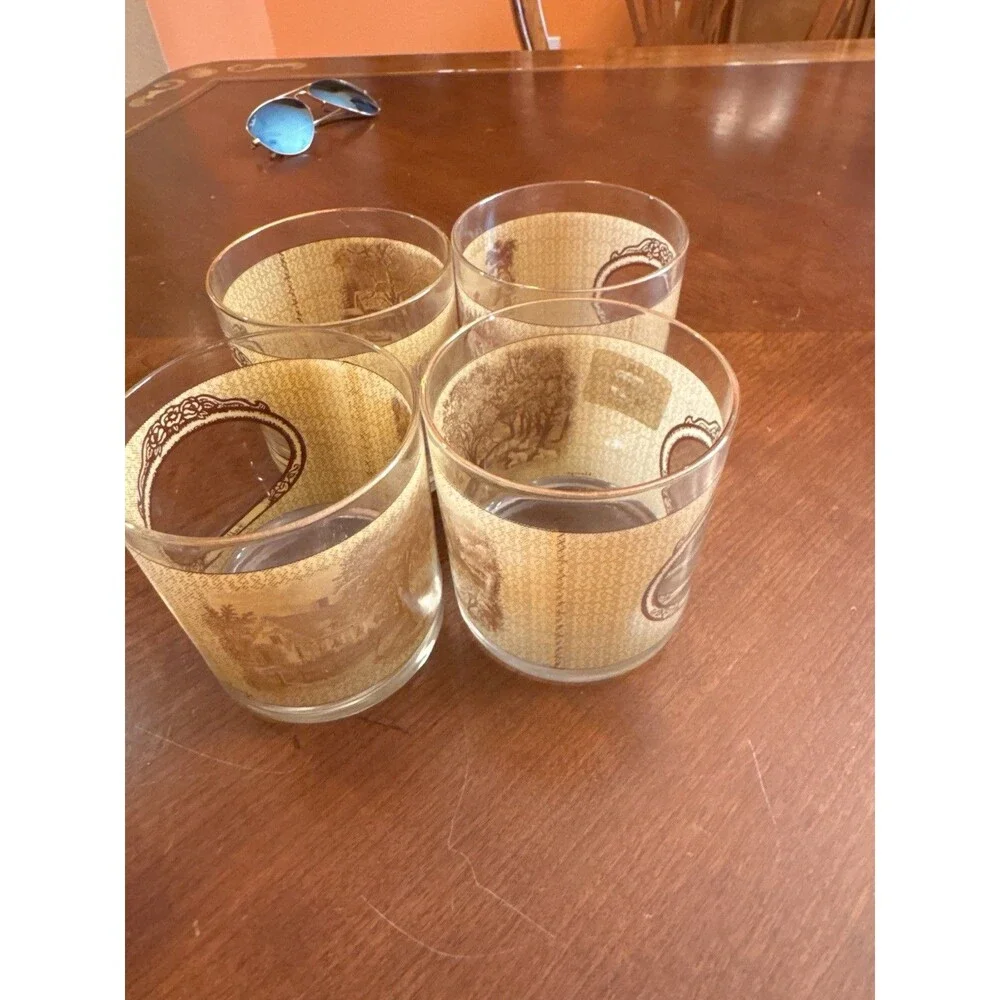 4 Courier & Ives Rocks Glasses Tumblers Homestead Seasons Gold Rims Old Home